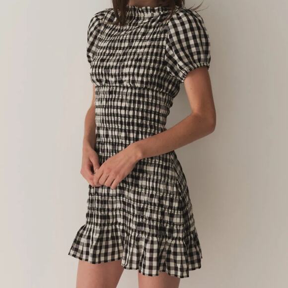 Doen Rizzo Linen Smocked Boat Neck Short Puff Sleeve Mini Dress Marilyn Gingham - Picture 1 of 15